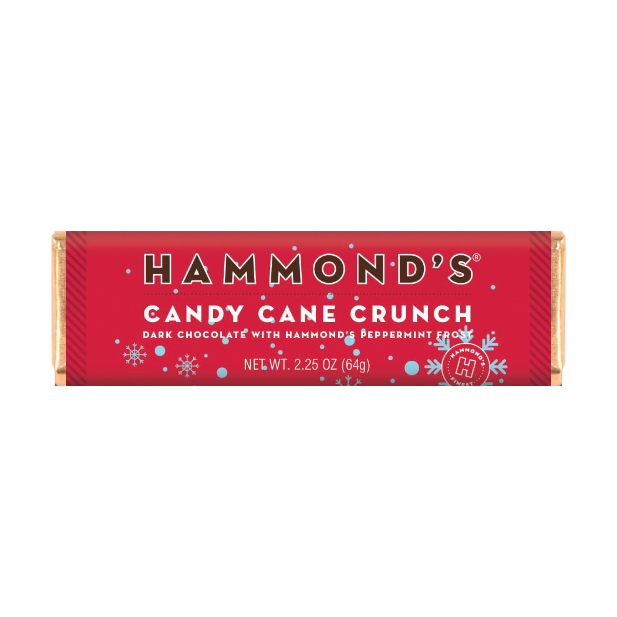 A wrapped candy bar with red packaging featuring 'Candy Cane Crunch Dark Chocolate' text and holiday-themed decorations.