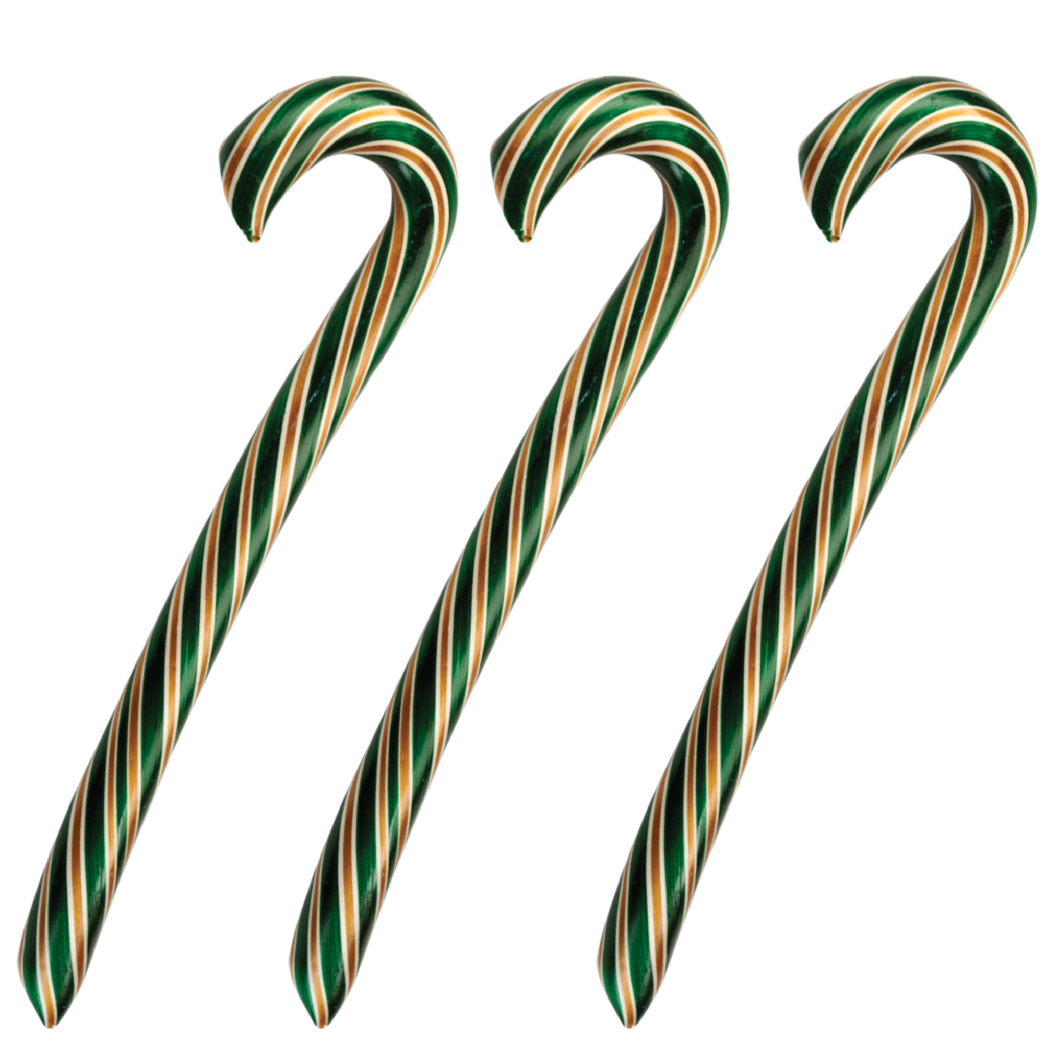 A set of three caramel apple flavored candy canes with green, red, and white stripes.
