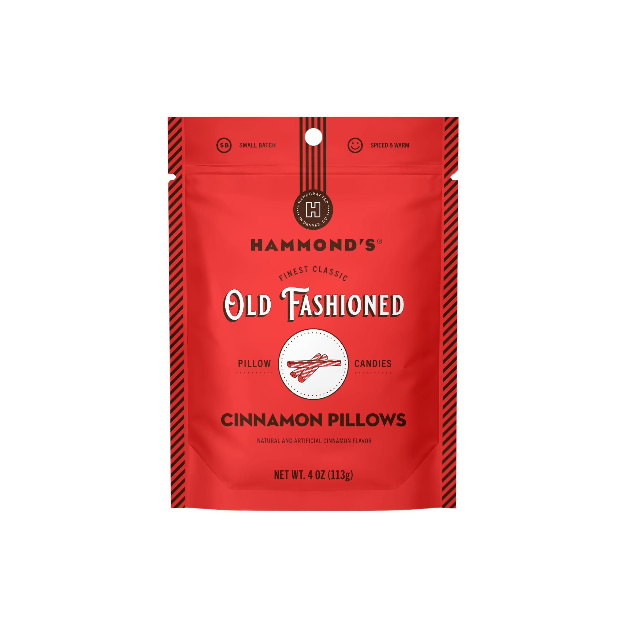 A red stand-up pouch of Hammond's Old Fashioned Cinnamon Pillows candies on a plain white background.