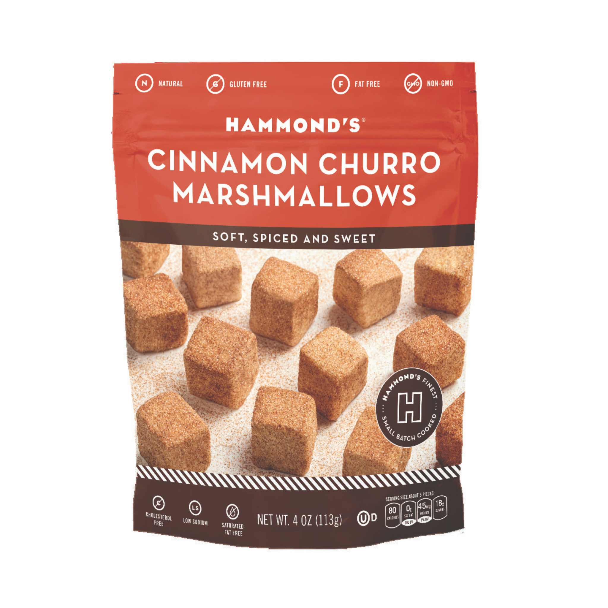 A package of Hammond's Cinnamon Churro Marshmallows with visible marshmallows coated in cinnamon sugar.