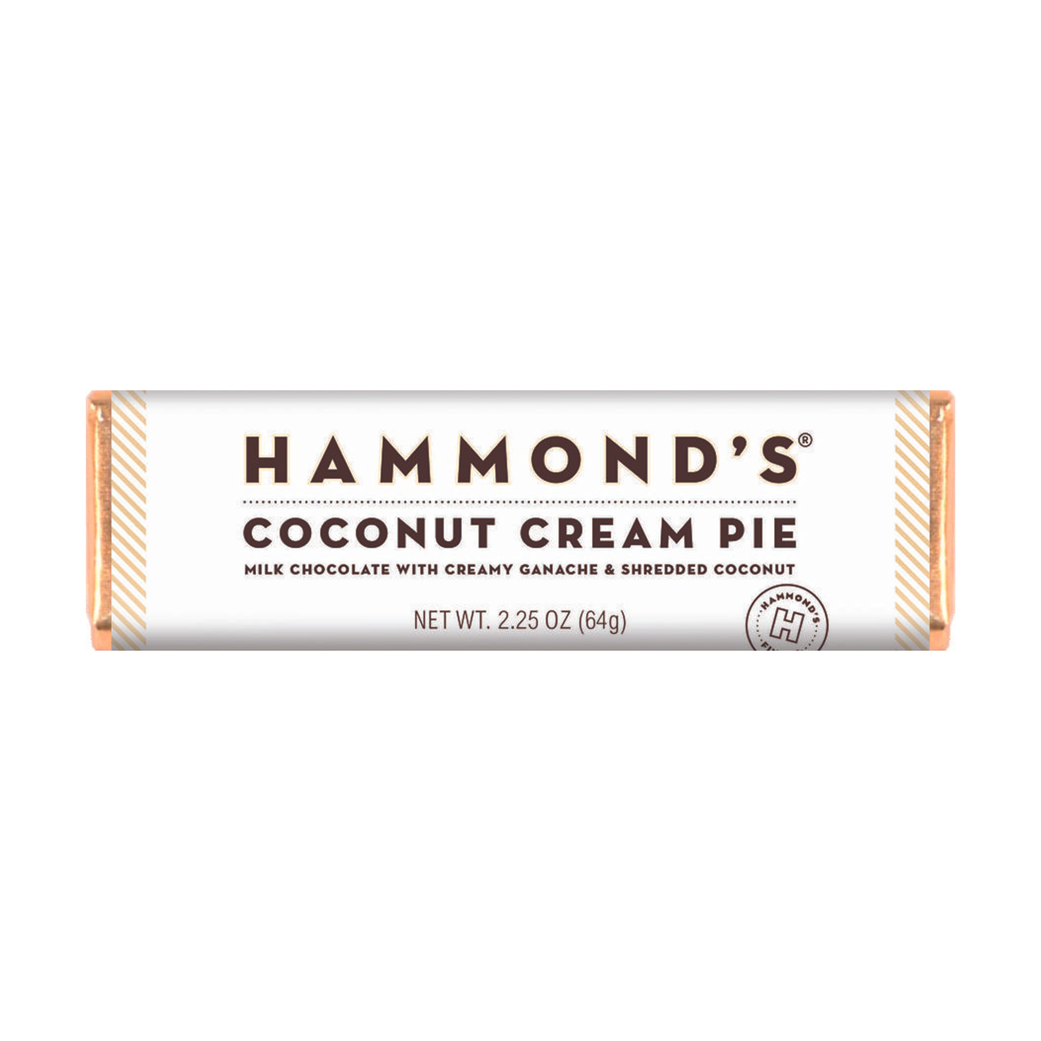 Packaging of Hammond's Coconut Cream Pie Milk Chocolate Bar showing the bar and its name, weight, and description as milk chocolate with creamy ganache and shredded coconut.