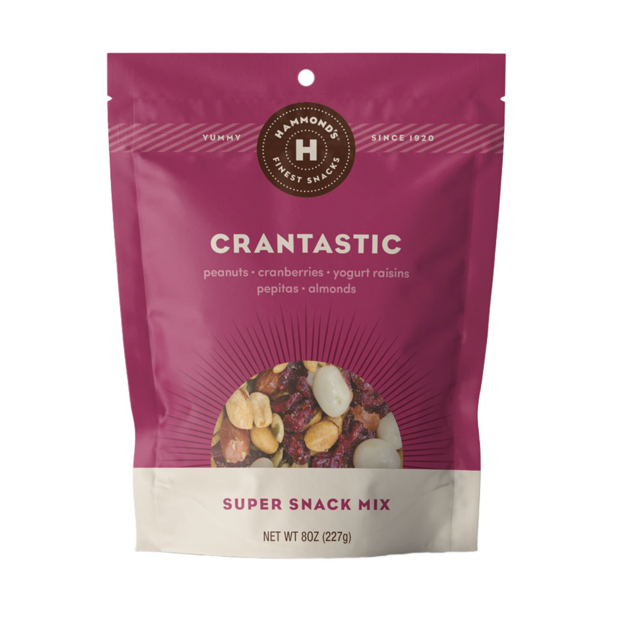 A package of Crantastic snack mix by Hammond's Candies showing the mix of peanuts, cranberries, yogurt raisins, pepitas, and almonds.