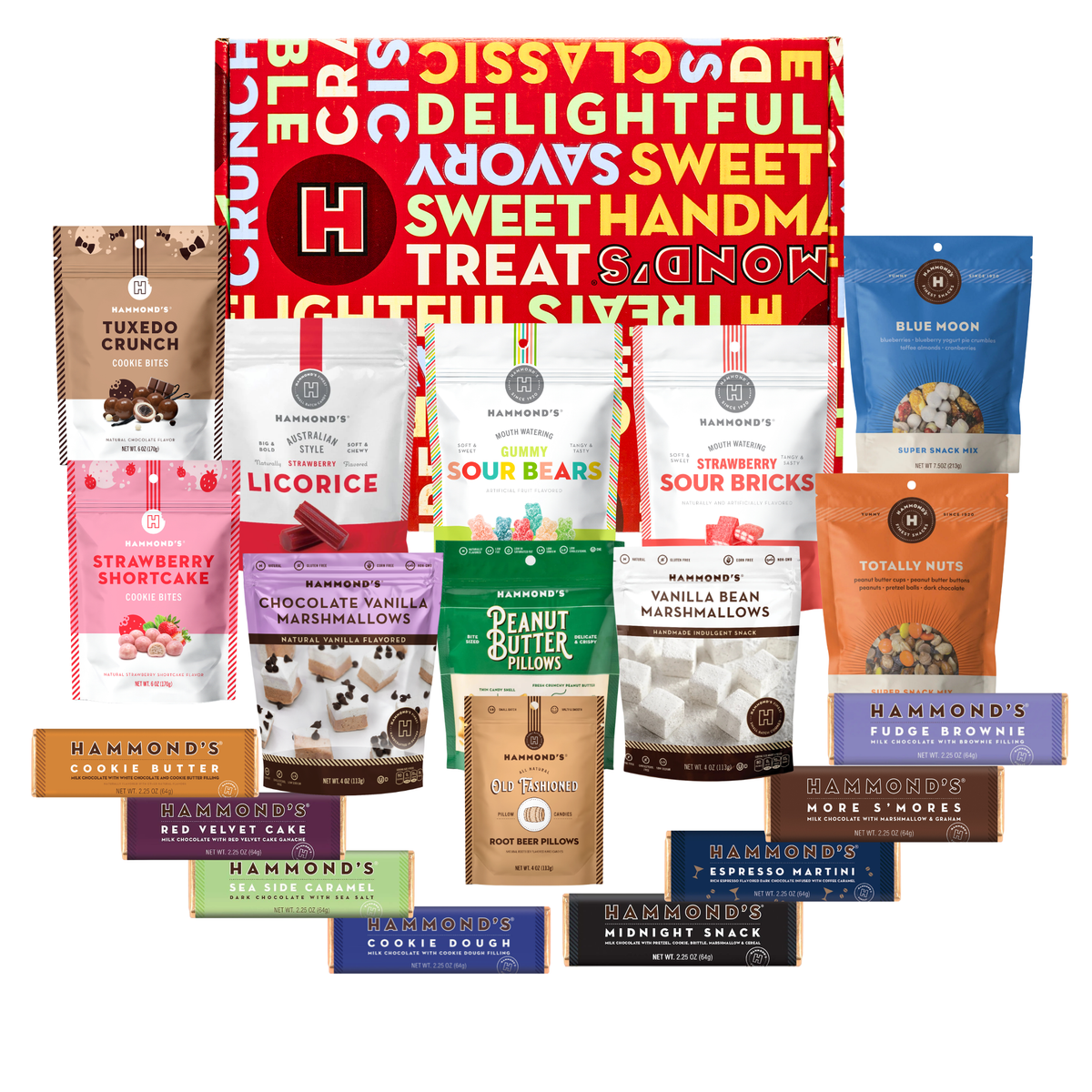 A collection of Hammond's Handmade Treats and Sweets in various colorful pouches and boxes, arranged in front of a large red and white branded gift box on a plain white background.