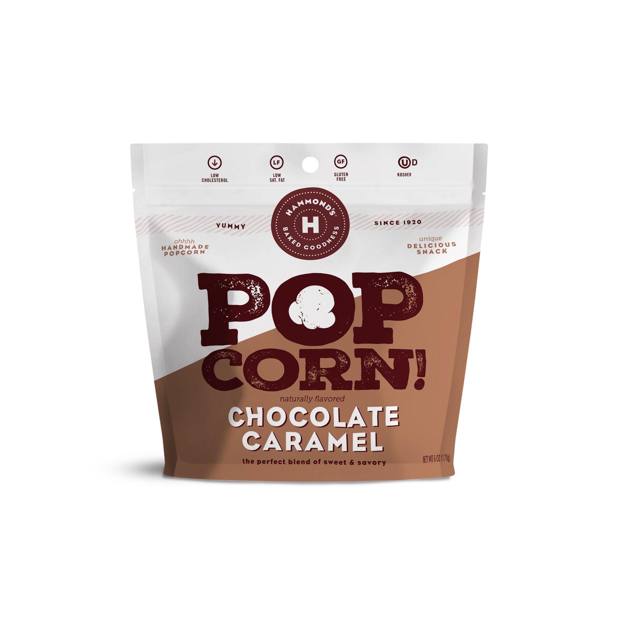 Hammonds Popcorn Chocolate Caramel flavor packaging on a white background