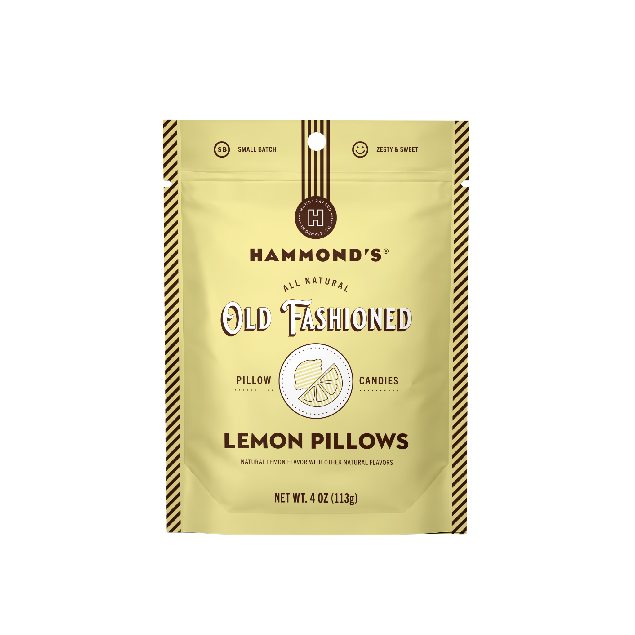 Hammond's Old Fashioned Lemon Pillows candies in a 4 oz resealable stand-up pouch, featuring a pale yellow-green background with brown and dark blue text and striped side borders.