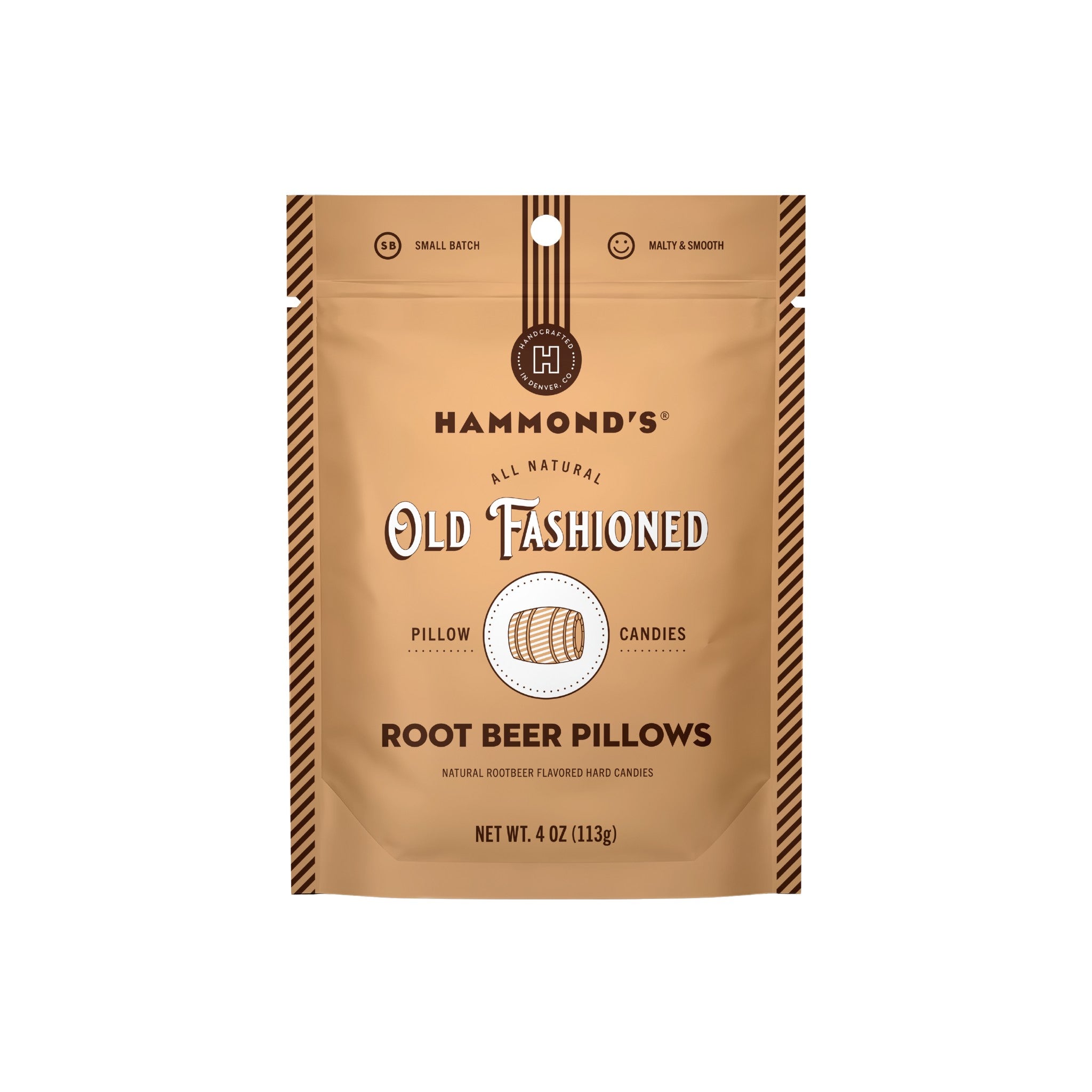 A 4 oz stand-up pouch of Hammond's Old Fashioned Root Beer Pillows candies, featuring a tan and brown design with white text on a plain white background.