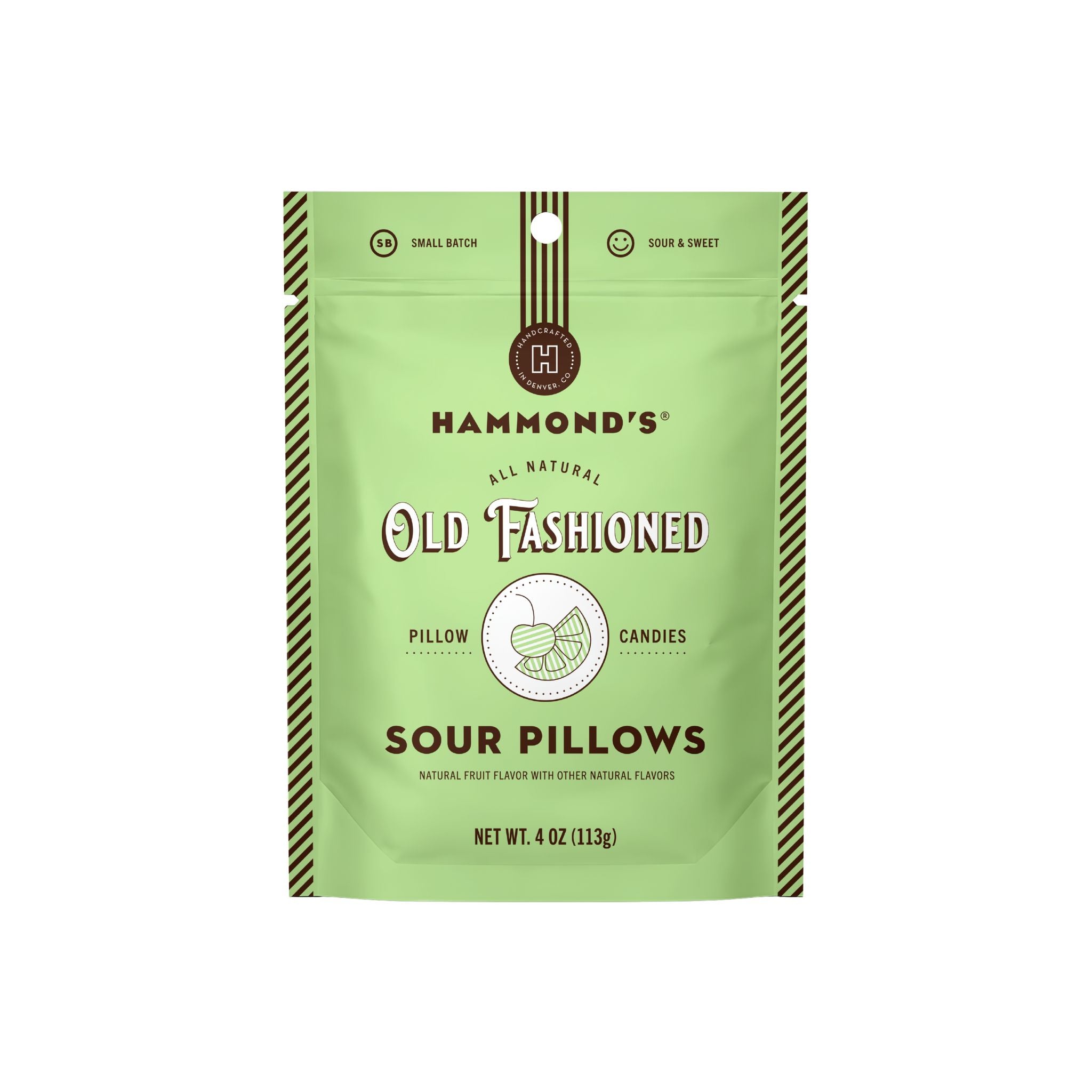 Hammond's Old Fashioned Sour Pillows candy pouch in light green packaging, featuring the brand logo and product name in dark brown and white text.