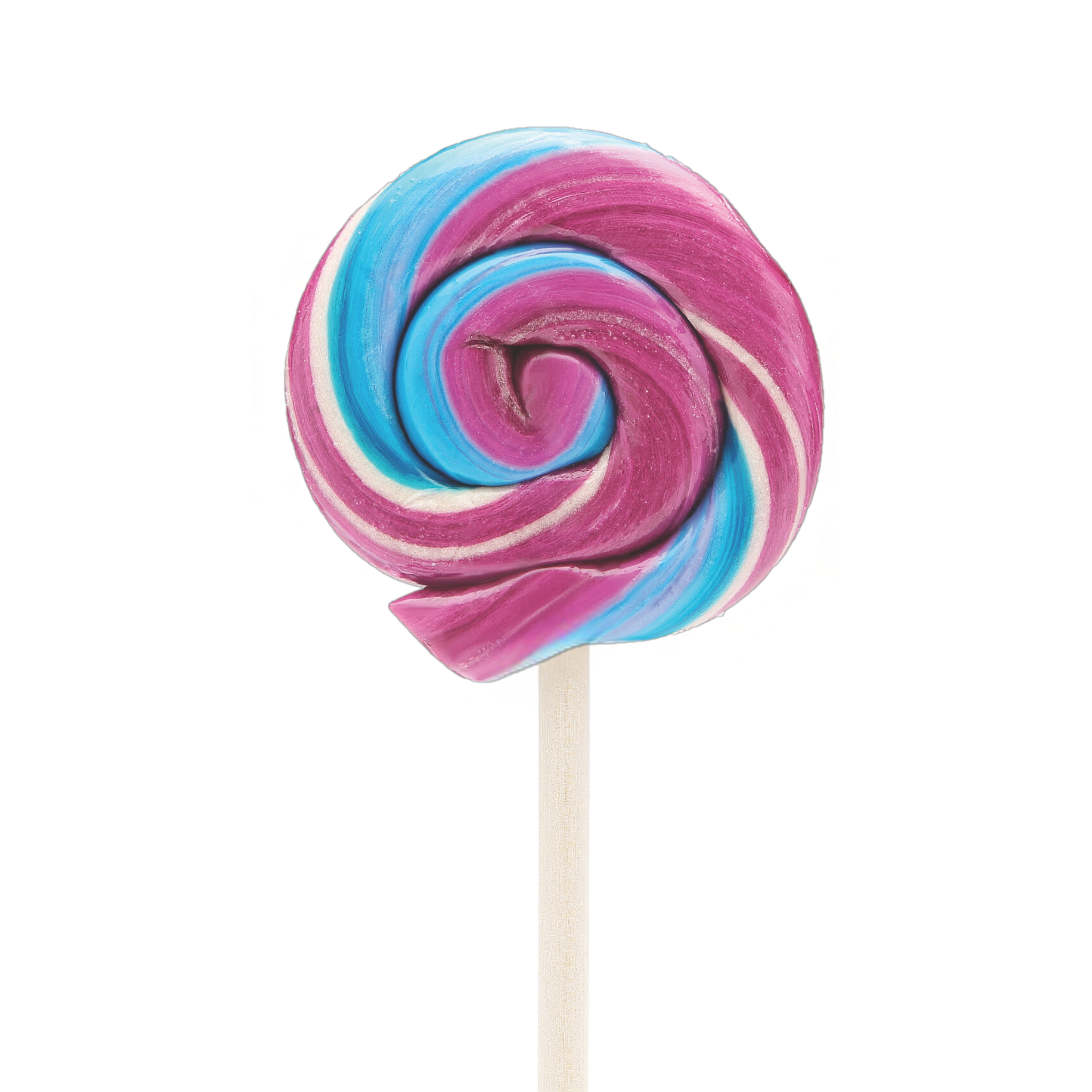 A tie-dye lollipop with blue and pink colors swirling in an spiral pattern on a stick.
