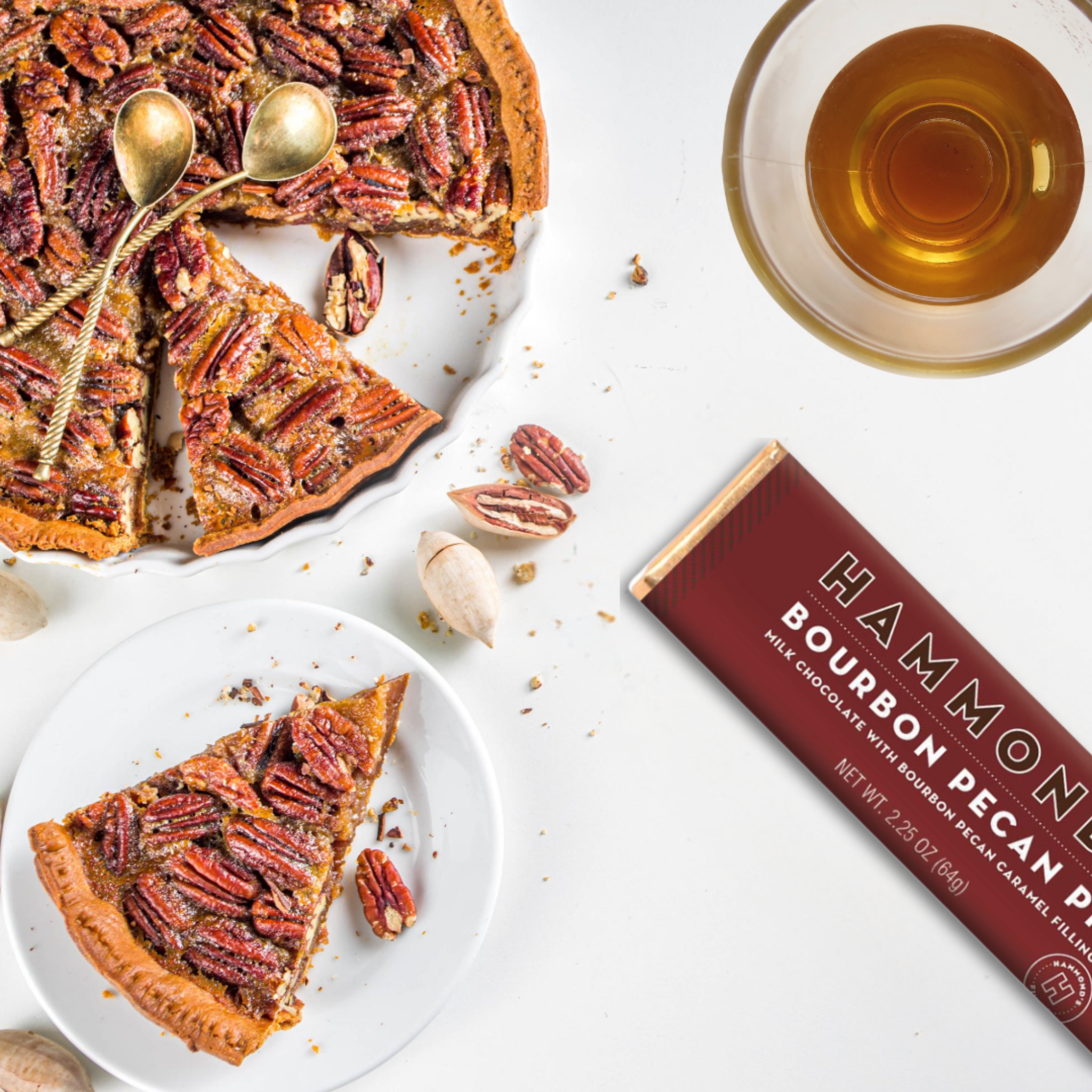 Hammond's Bourbon Pecan Pie styled with pie and bourbon