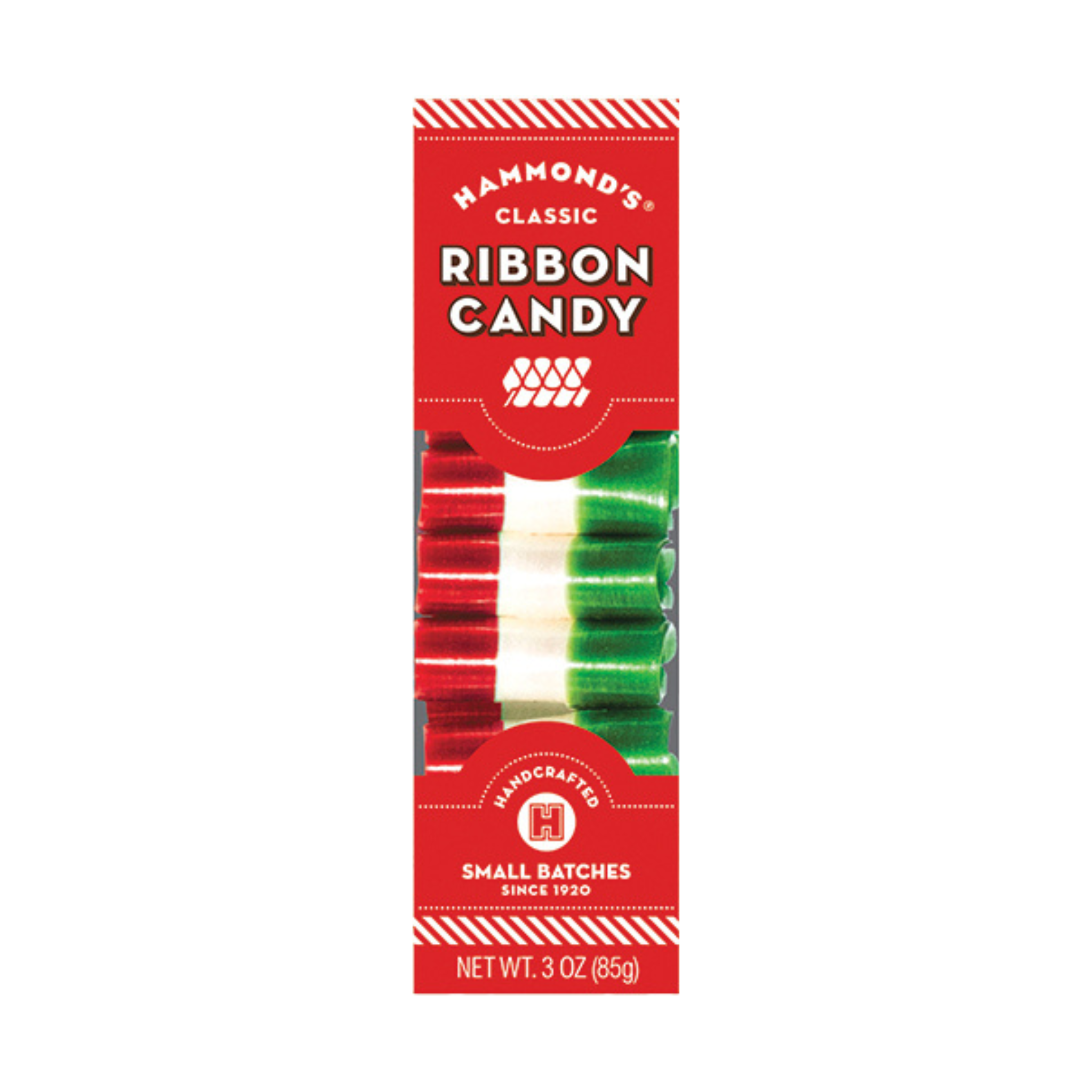 Packaging of Hammond's Cherry Ribbon Candy featuring red and white striped candy visible through the transparent window.