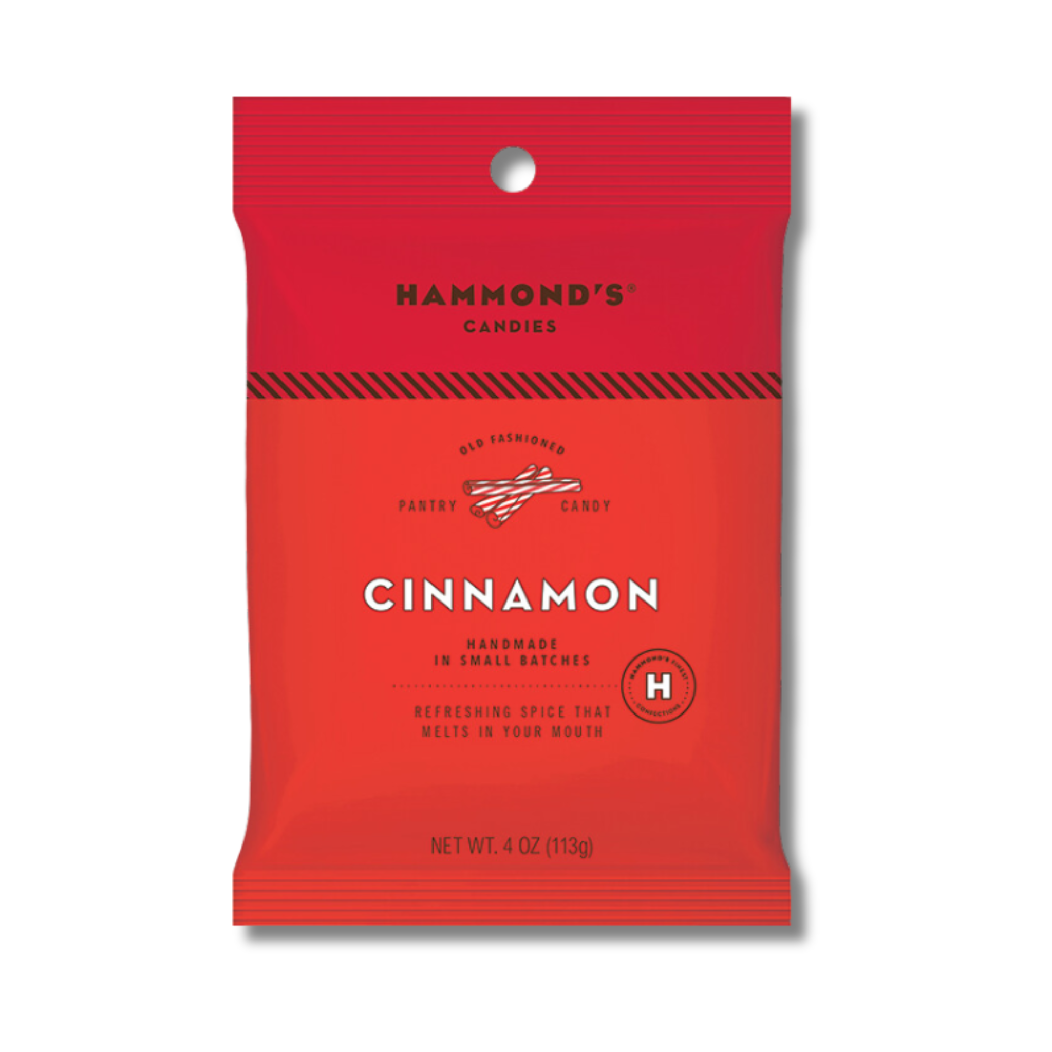 A red bag of Hammond's Cinnamon Drop candies with product information and branding visible.