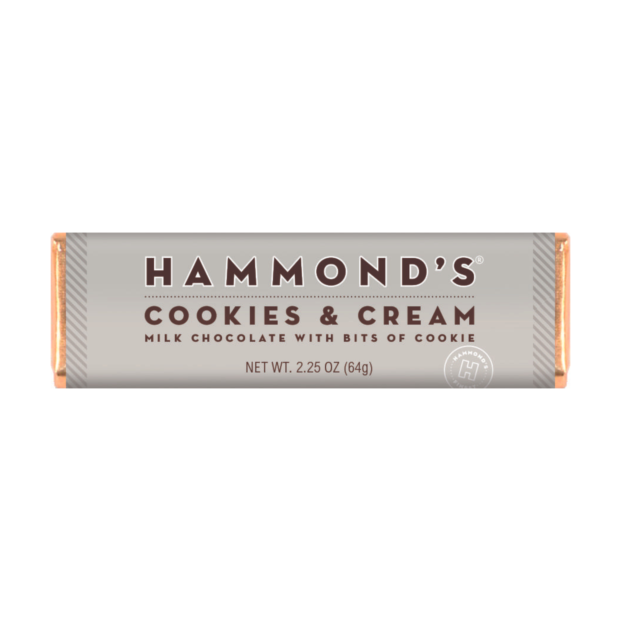 Packaging of Hammond's Cookies and Cream Milk Chocolate Bar showing the brand name and product description.