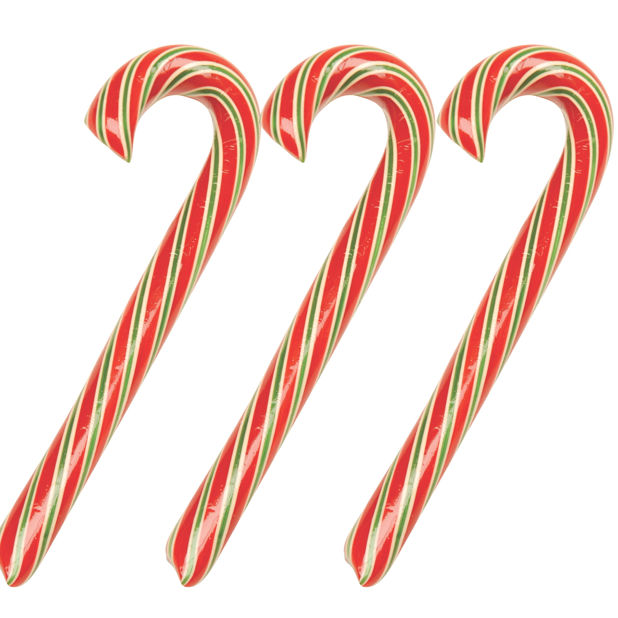 A set of three red and green striped  cranberry candy canes, traditionally shaped with a crook at the top.