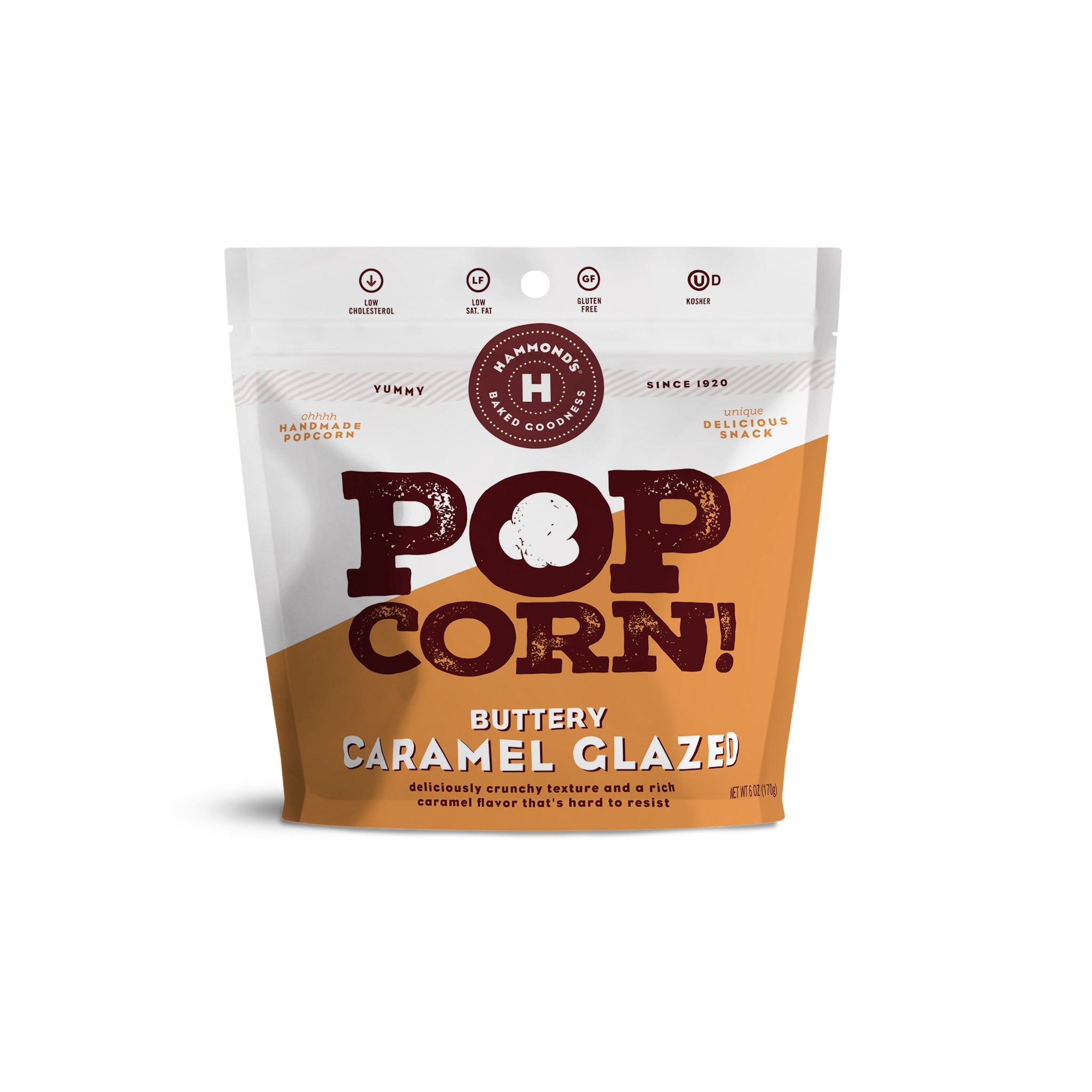 Hammonds Popcorn Buttery Caramel Glazed popcorn bag on a white background