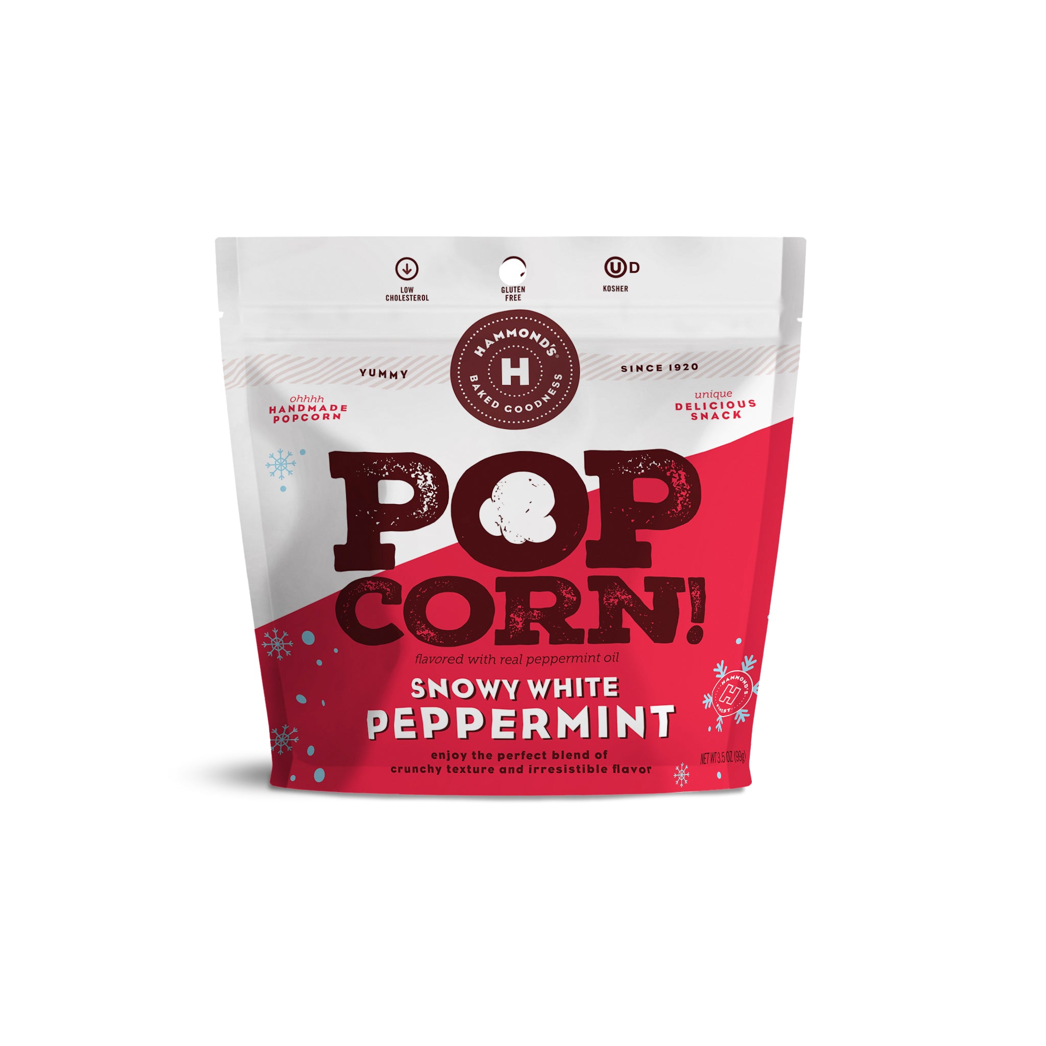 Hammonds Popcorn Snowy White Peppermint bag on a white background