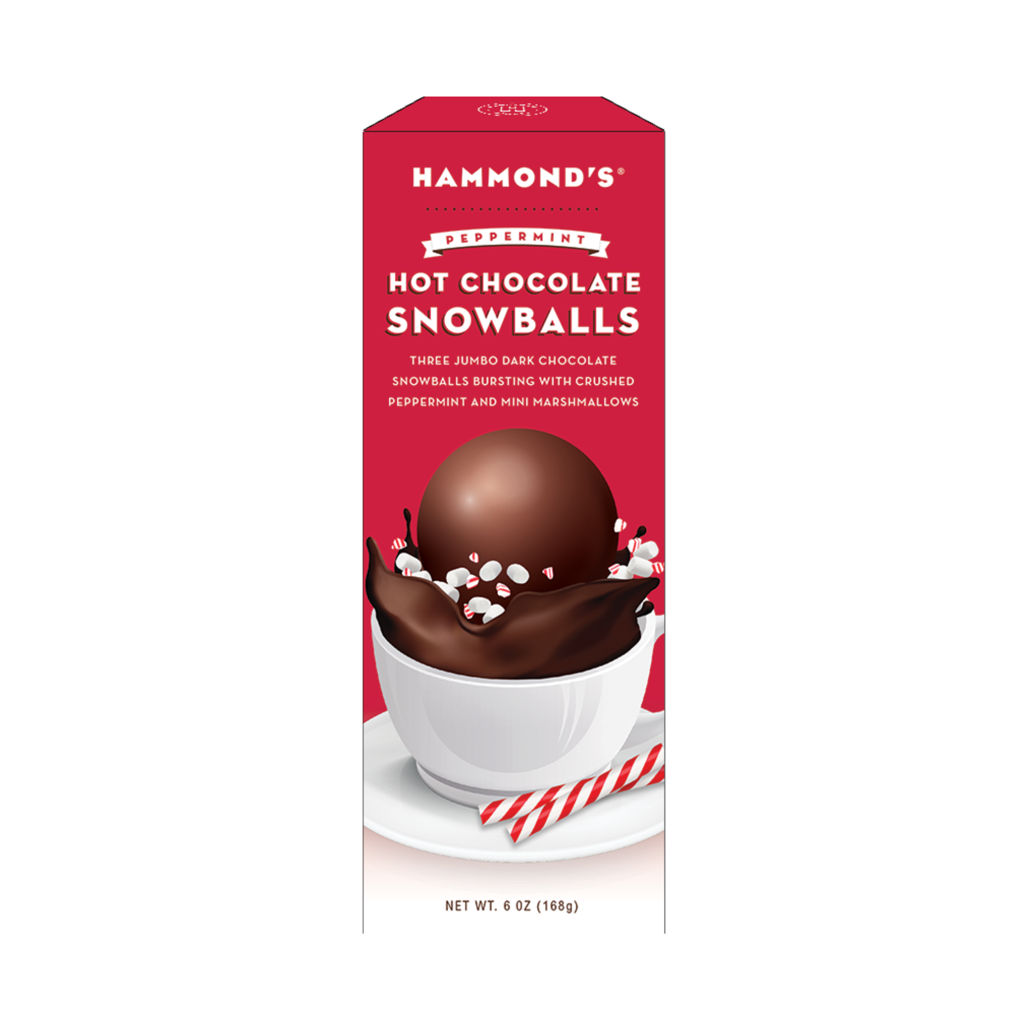 Packaging of Hammond's Hot Chocolate Snowballs showing a red and white box with an image of a chocolate snowball with marshmallows on top, meant to be added to milk for a festive hot chocolate drink.
