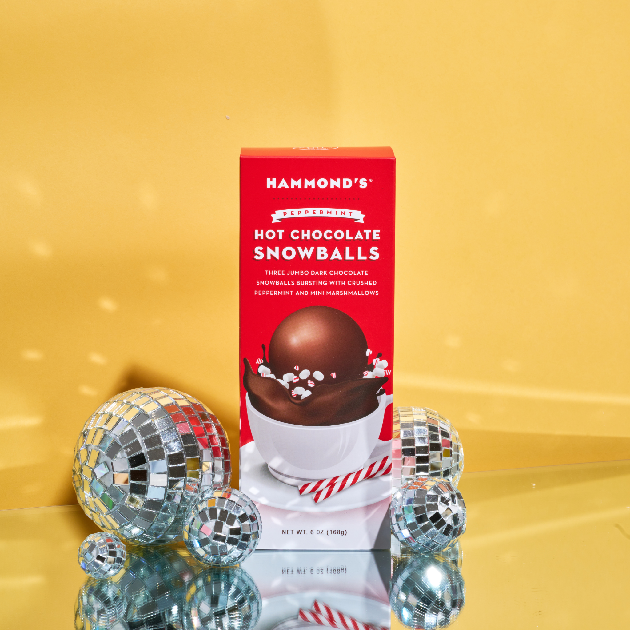 Peppermint Hot Chocolate Snowballs with disco balls on yellow background