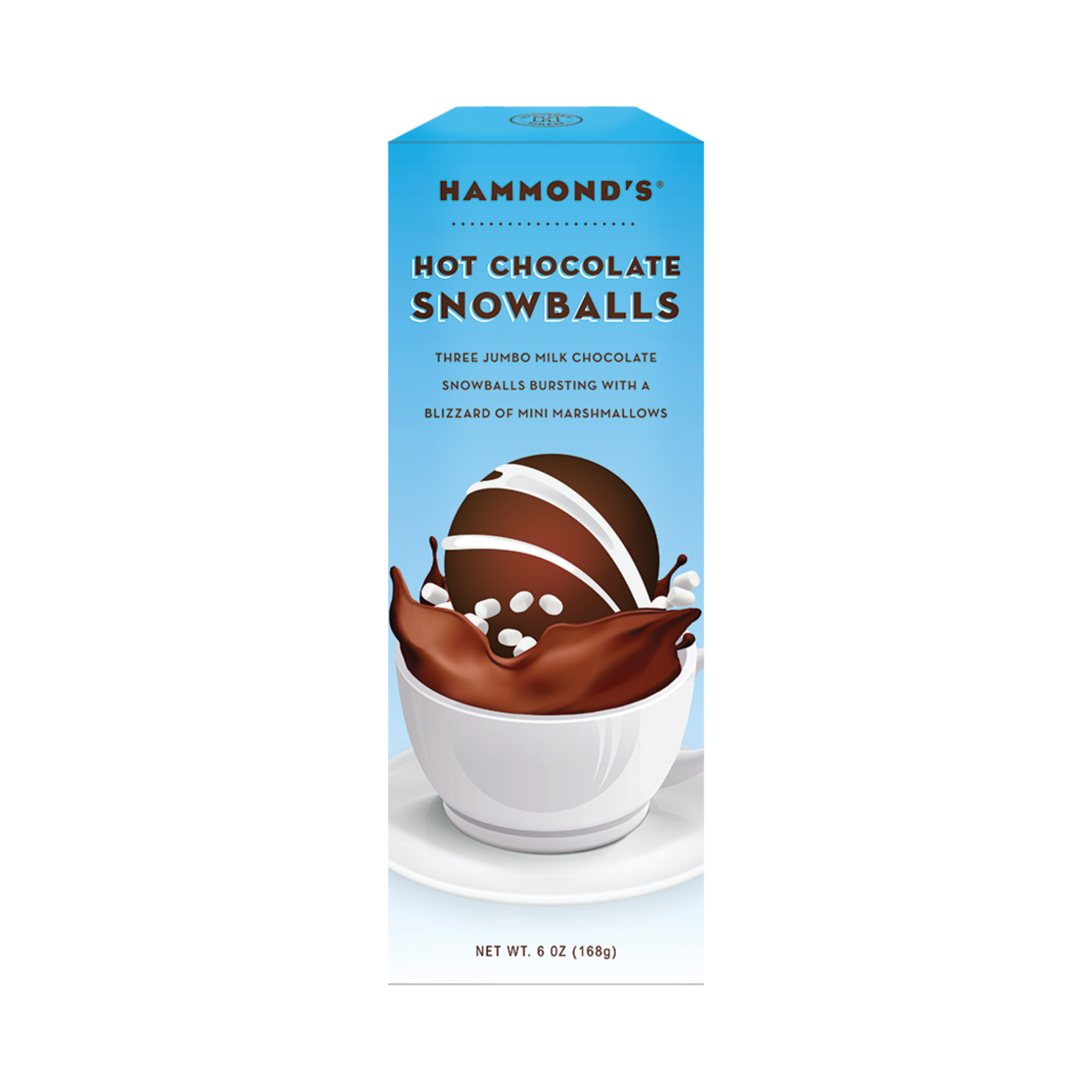 Packaging of Hammond's Hot Chocolate Snowballs showing three milk chocolate snowballs with mini marshmallows on top, meant to be added to hot milk for a burst of flavor.