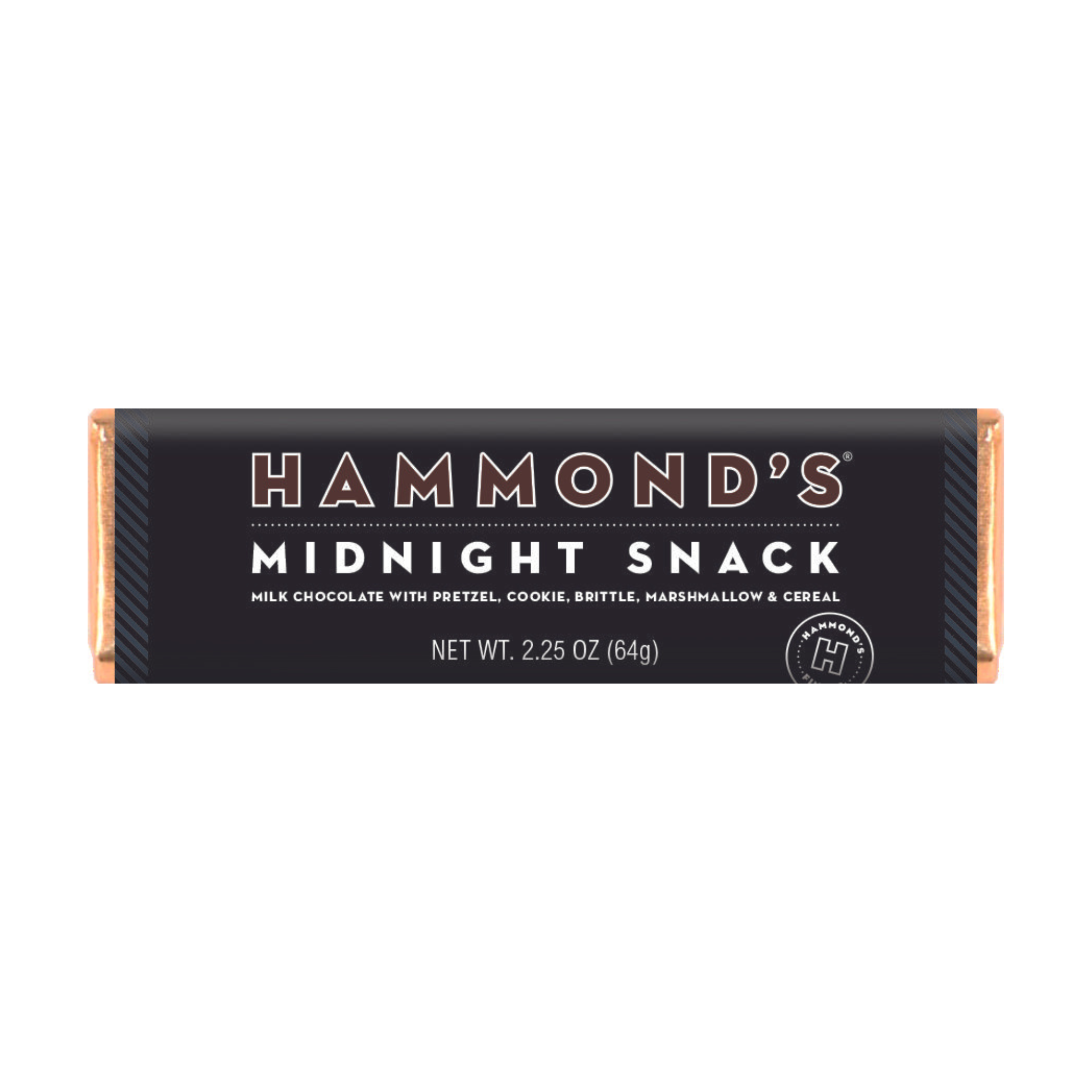 Packaging of Hammond's Midnight Snack Milk Chocolate Bars, displaying the product name and the net weight of 2.25 oz.