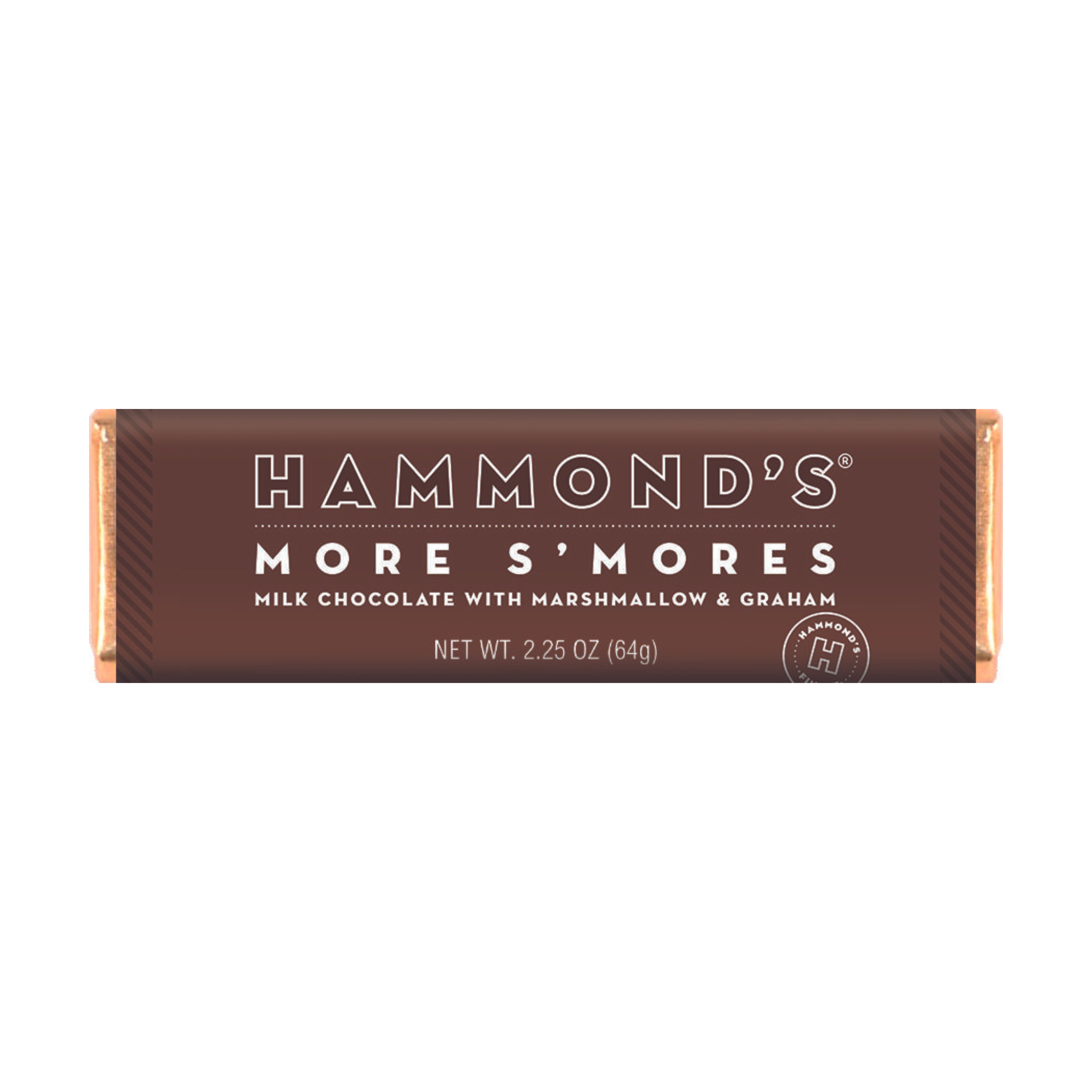 Packaging of Hammond's Milk Chocolate S'mores Candy Bar, displaying the bar name and weight of 2.25 oz.