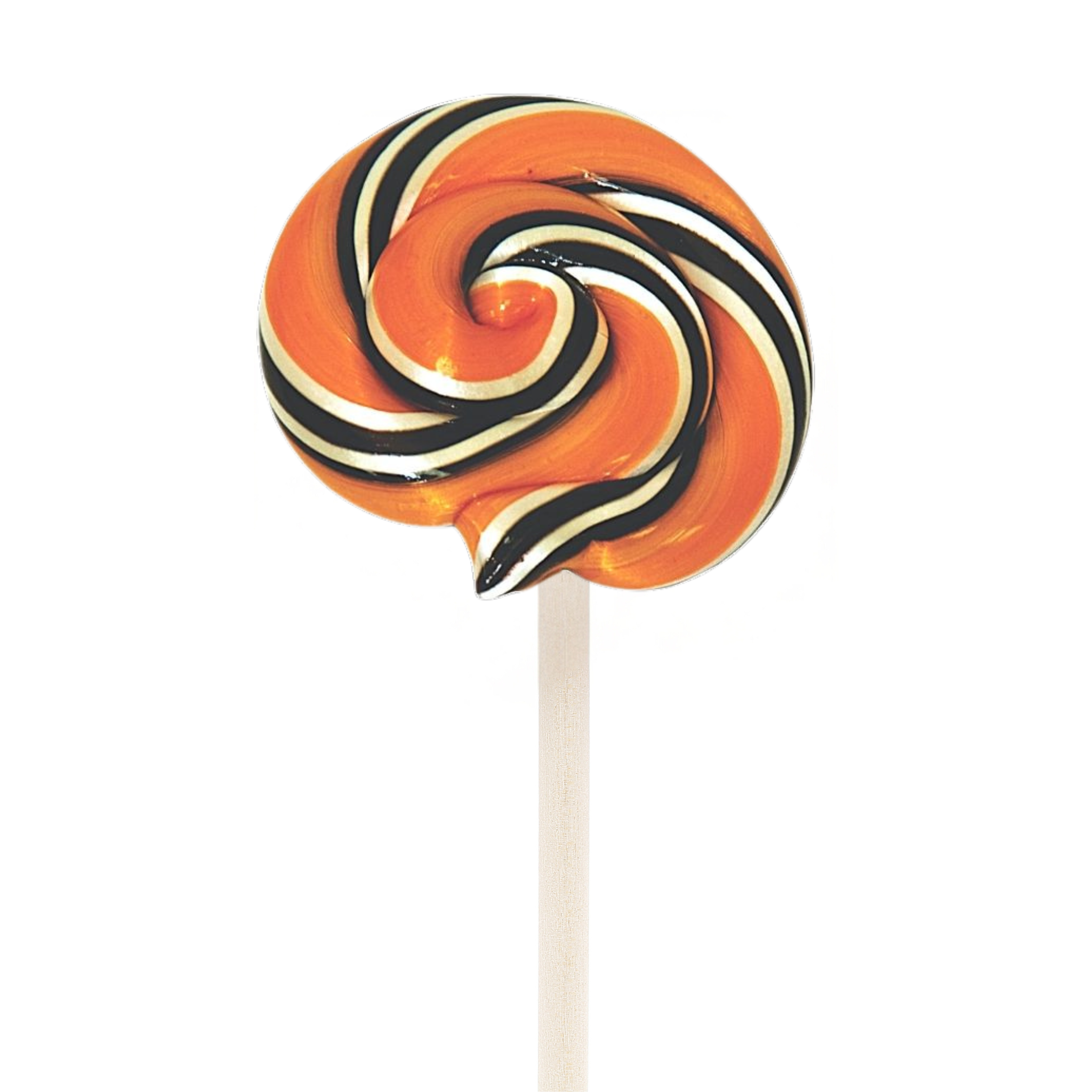 An orange, black, and white striped lollipop on a stick.