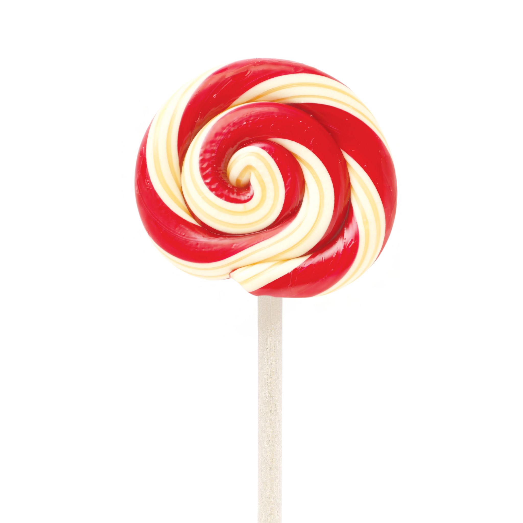 A red and white striped lollipop on a stick, with the lollipop itself having a spiral pattern.