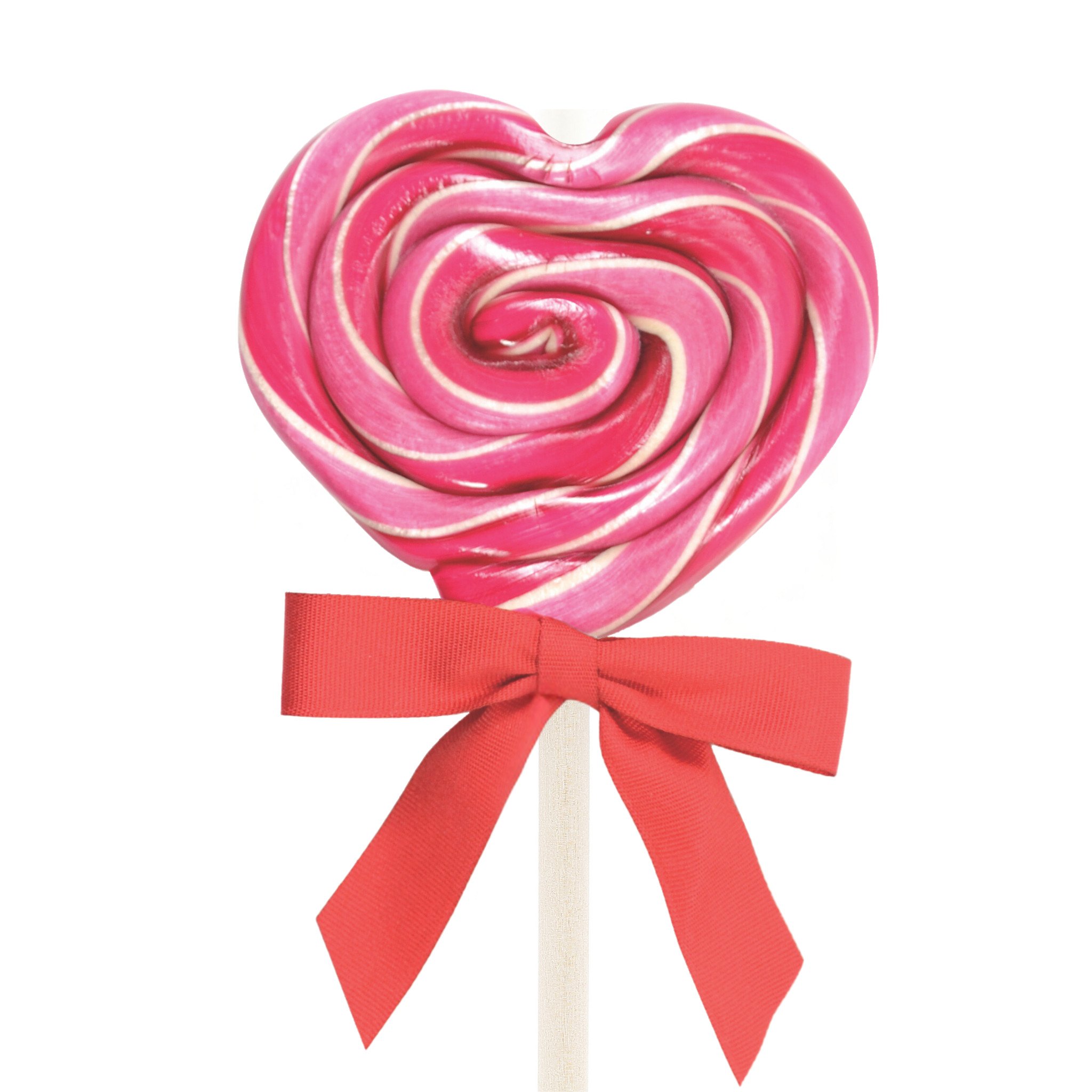 A heart-shaped, pink and red striped lollipop with a red ribbon bow on a stick.