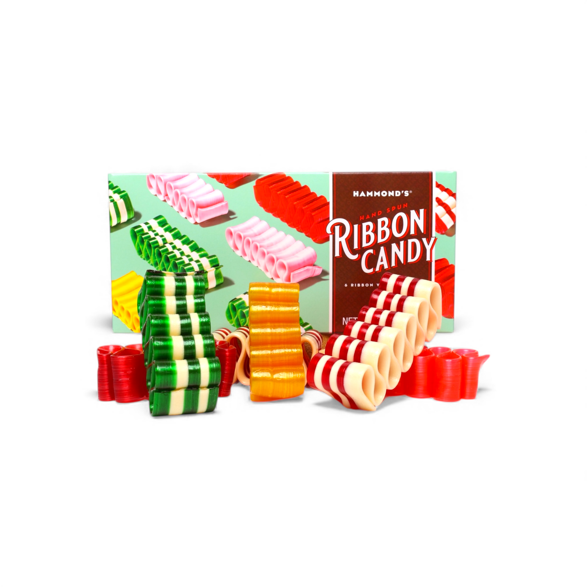 Ribbon candy in front of ribbon candy gift box