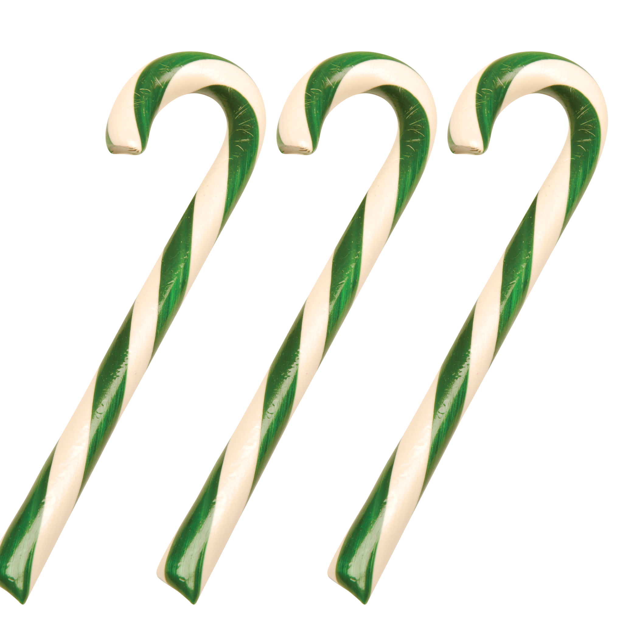 A set of three individually wrapped green and white striped candy canes.