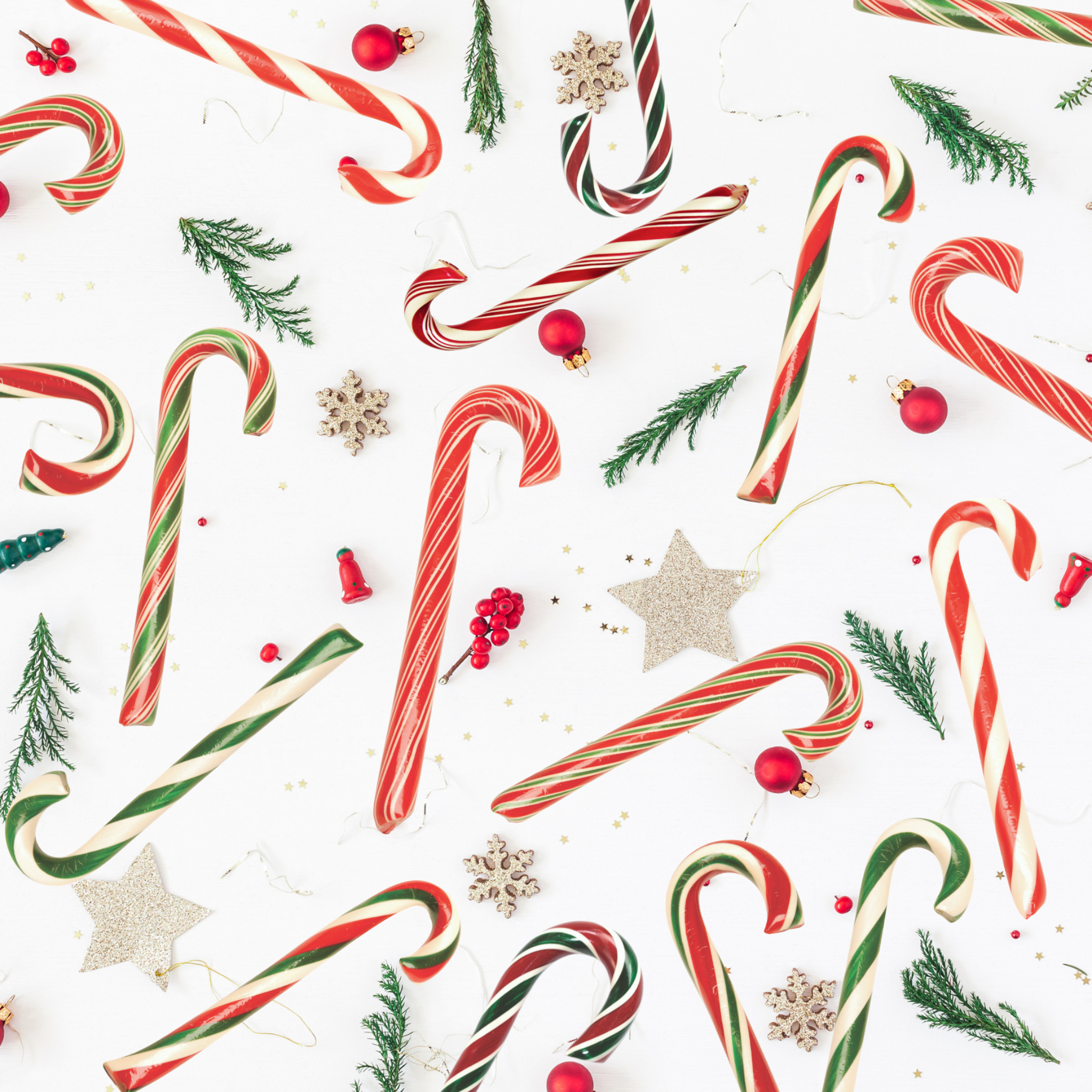 assorted candy canes scattered on white background with pine needles and stars