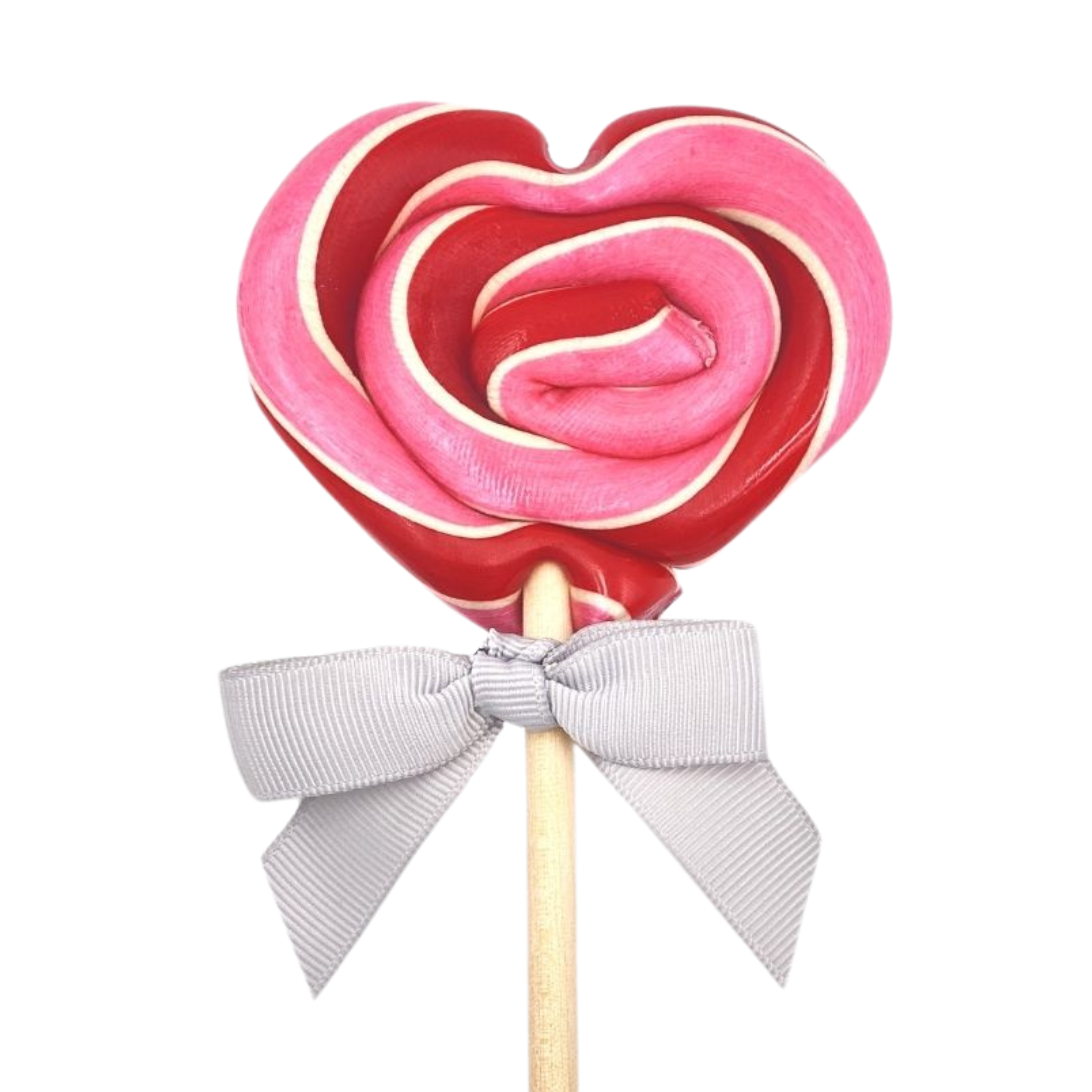 A heart-shaped lollipop with layers of pink and red candy, topped with a white tip, mounted on a stick with a grey ribbon decoration at the base.
