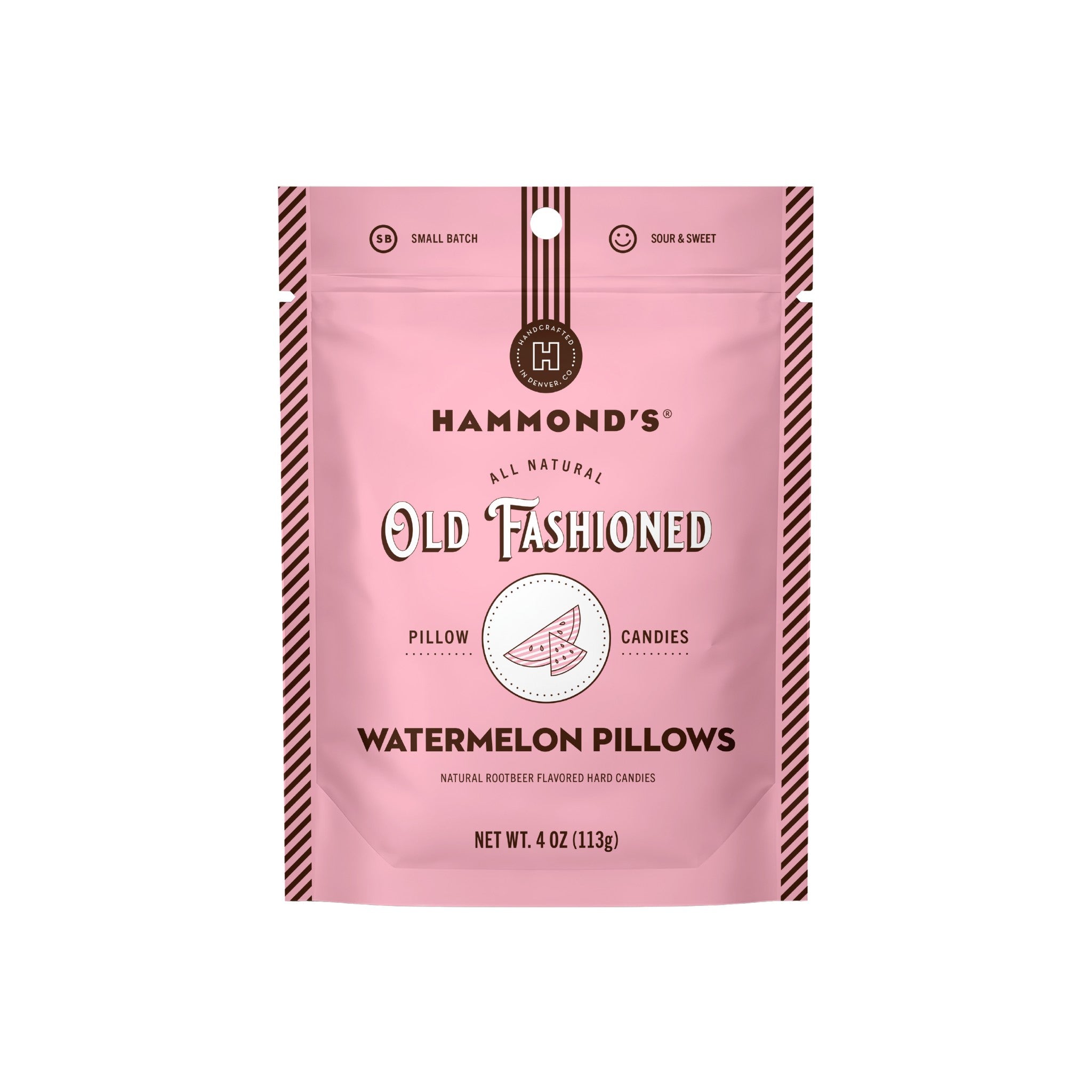 A pink stand-up pouch of Hammond's Old Fashioned Watermelon Pillows candies, shown against a plain white background.