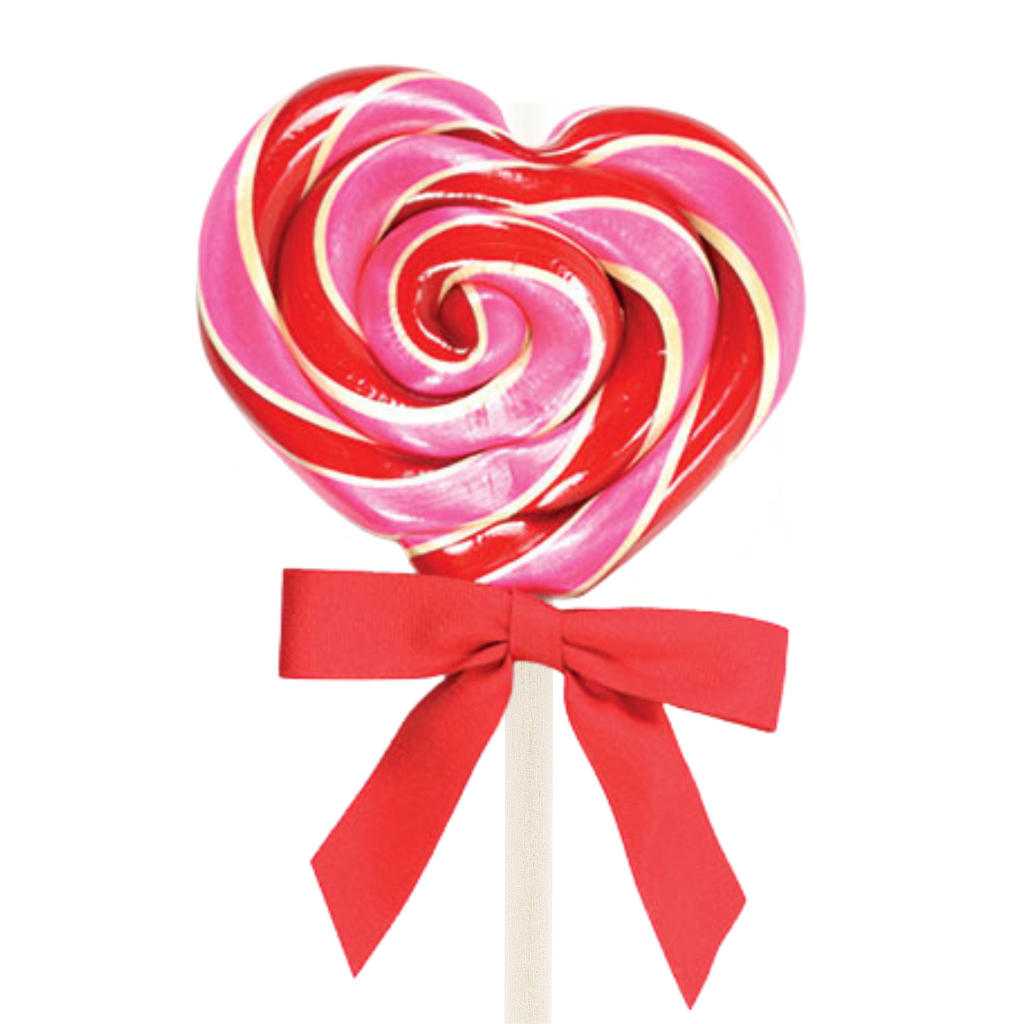 A heart-shaped lollipop with red and pink swirls, topped with a red bow.