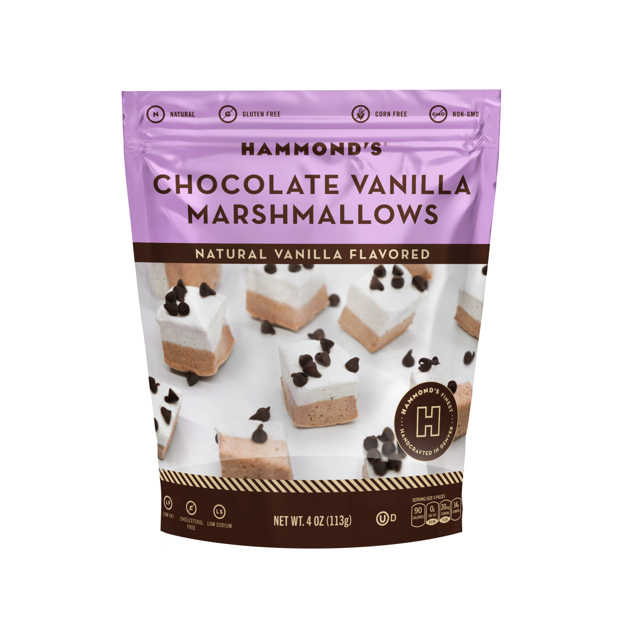 Chocolate Vanilla Marshmallow bag with purple top and marshmallows pictured on white background.