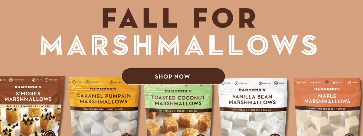 Promotional banner for Rhonnd's Fall Marshmallows featuring a large brown and white text header and five packaged marshmallow flavors shown across the bottom on a tan background.